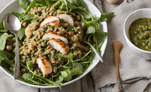 Salade de quinoa au poulet et pesto de roquette